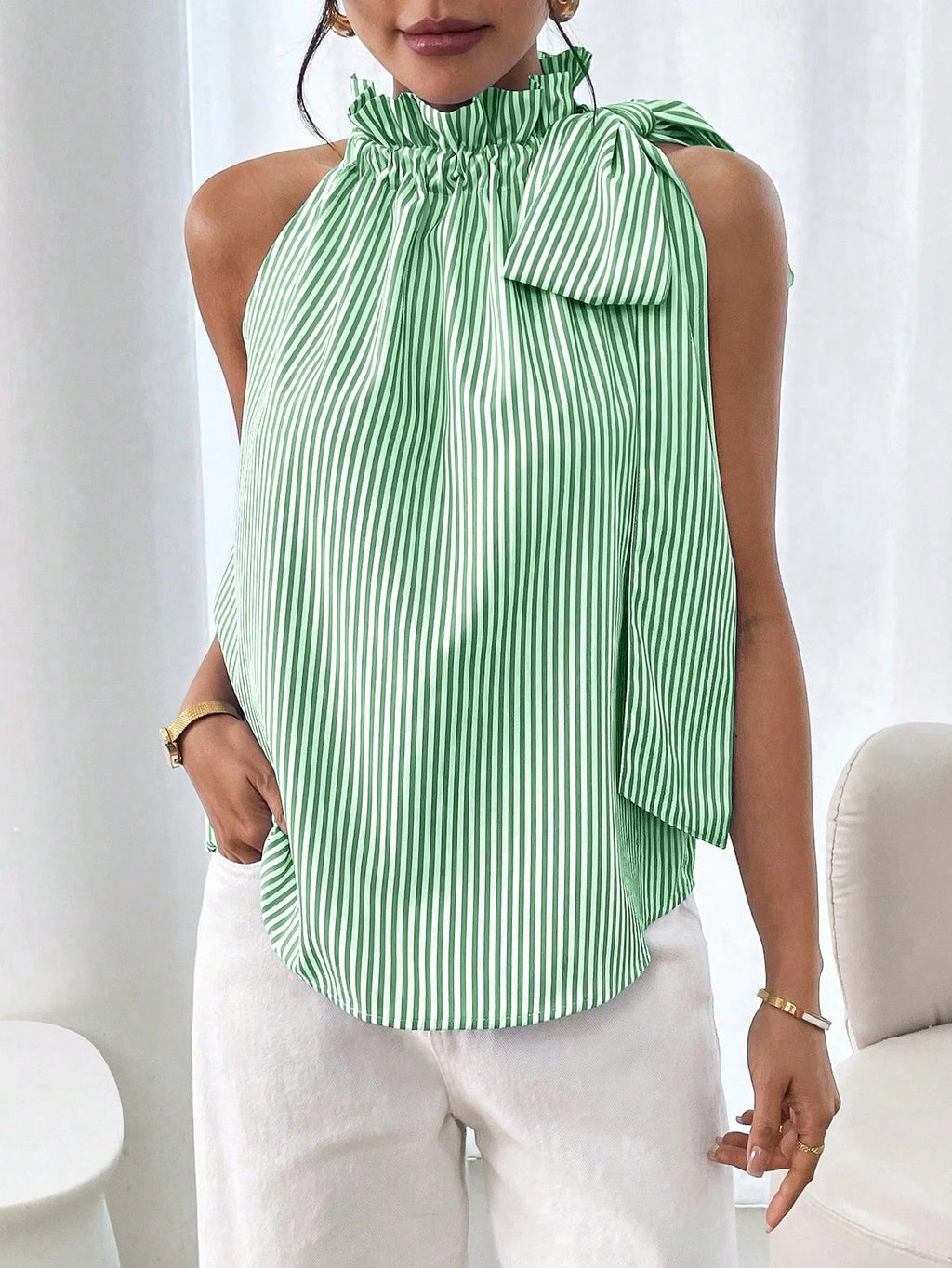 Fashionable Casual Sleeveless Striped Lace Trim High Neck Tie Knot T-Shirt Top