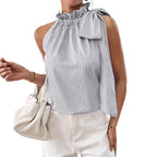 Fashionable Casual Sleeveless Striped Lace Trim High Neck Tie Knot T-Shirt Top