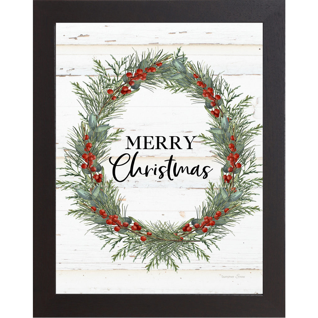 Merry Christmas Wreath Framed Wall Art – Vertical Christmas Decor with Green & Red Wreath | SS93
