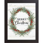 Merry Christmas Wreath Framed Wall Art – Vertical Christmas Decor with Green & Red Wreath | SS93