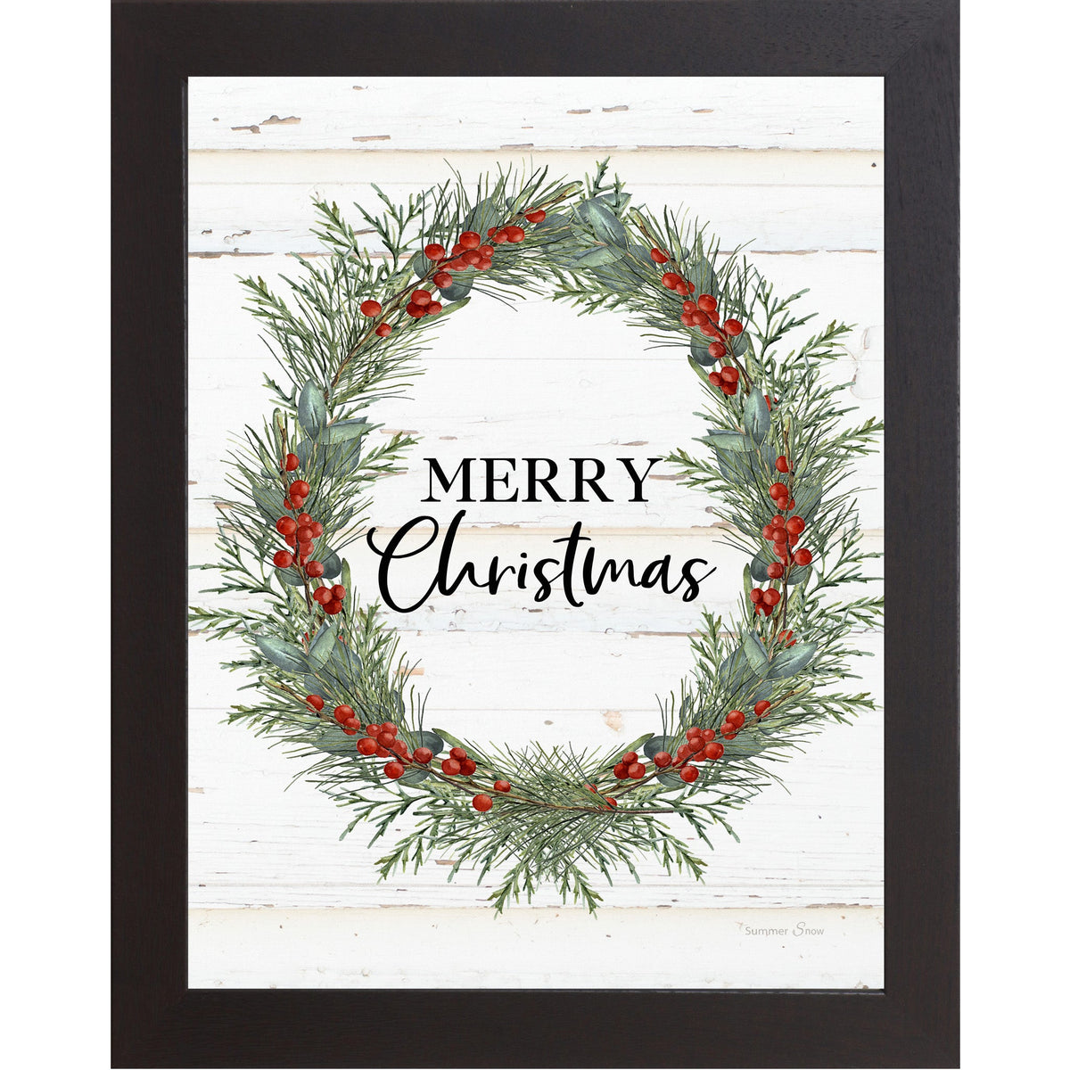 Merry Christmas Wreath Framed Wall Art – Vertical Christmas Decor with Green & Red Wreath | SS93