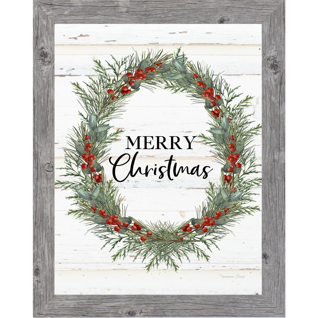 Merry Christmas Wreath Framed Wall Art – Vertical Christmas Decor with Green & Red Wreath | SS93