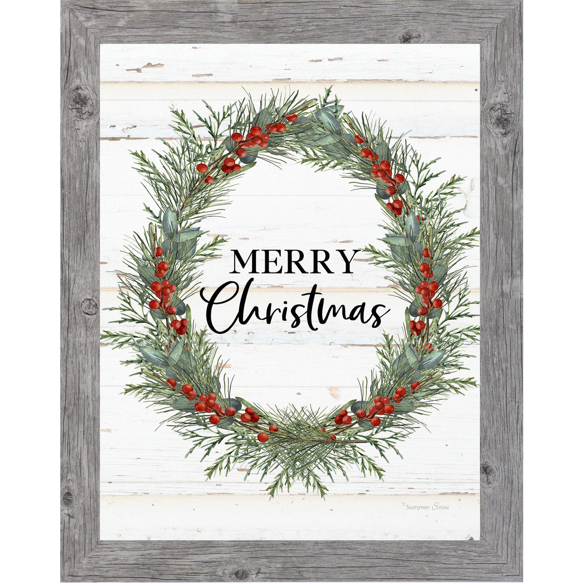 Merry Christmas Wreath Framed Wall Art – Vertical Christmas Decor with Green & Red Wreath | SS93