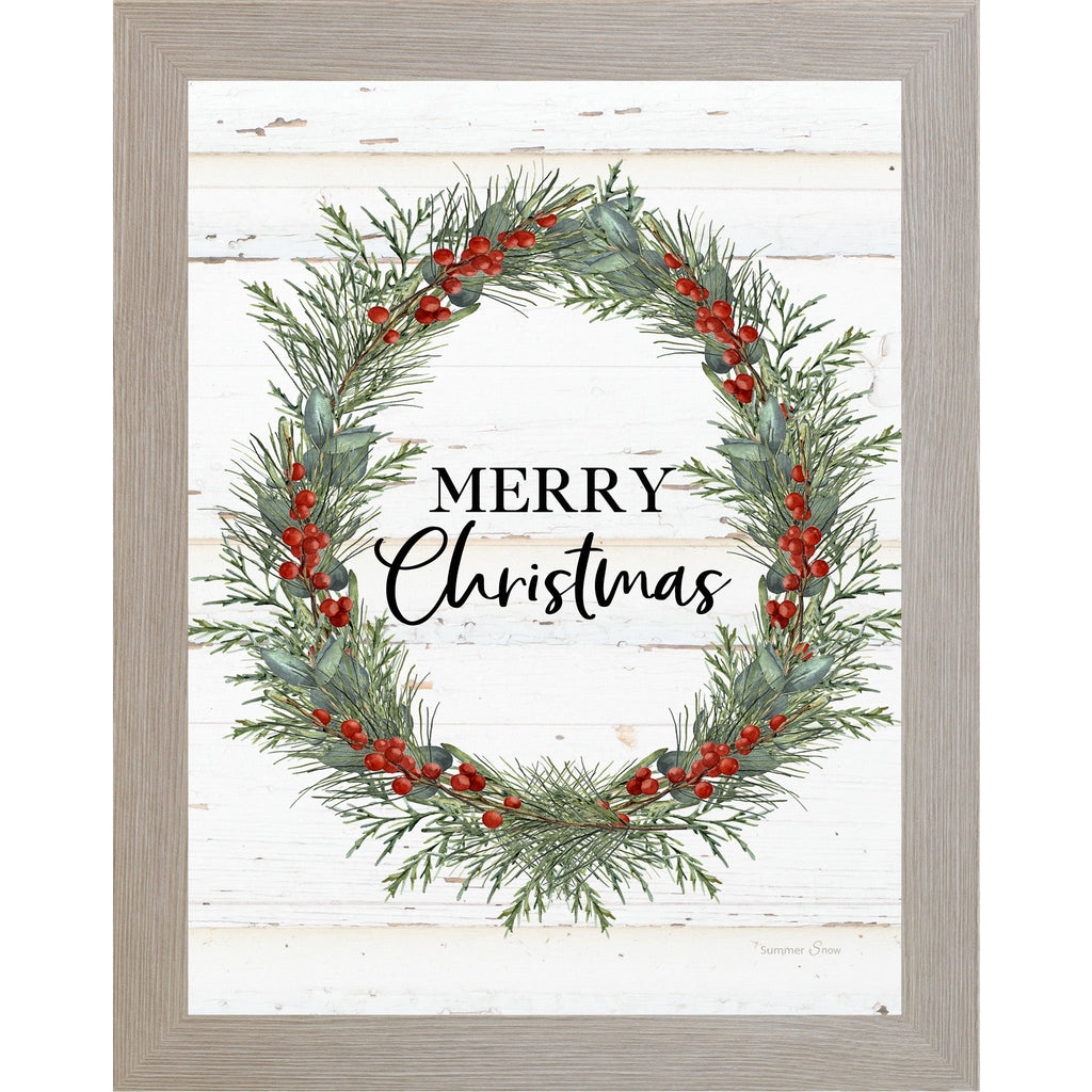 Merry Christmas Wreath Framed Wall Art – Vertical Christmas Decor with Green & Red Wreath | SS93