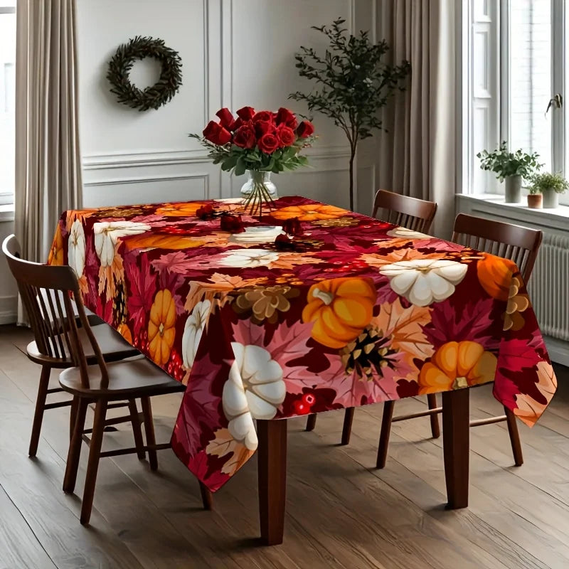 A rectangular dining table covered with a vibrant autumn floral tablecloth featuring pumpkins, leaves, and red roses, surrounded by four wooden chairs in a bright dining room.