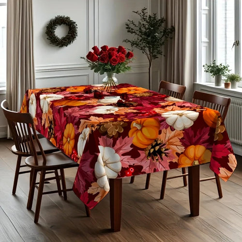 A rectangular dining table covered with a vibrant autumn floral tablecloth featuring pumpkins, leaves, and red roses, surrounded by four wooden chairs in a bright dining room.