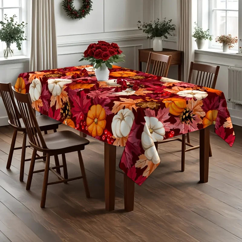 A rectangular dining table covered with a colorful autumn harvest tablecloth featuring pumpkins, leaves, and berries, surrounded by wooden chairs in a bright dining room.