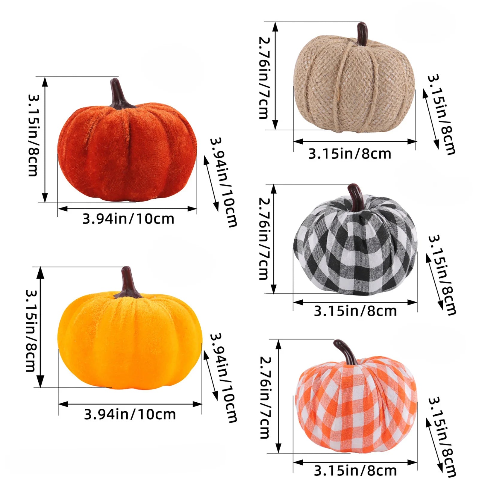 Four decorative faux pumpkins shown on a white background with dimension labels and measurements in inches and centimeters. The pumpkins come in orange, beige burlap, black-and-white buffalo plaid, and orange-and-white buffalo plaid patterns.