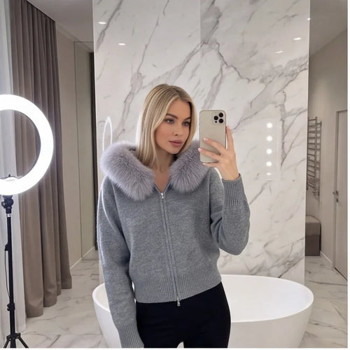 2026 Fall/Winter Fashion Casual Hooded Fur Collar Short Knit Jacket, Warm and Comfortable, Perfect for Date Outfits