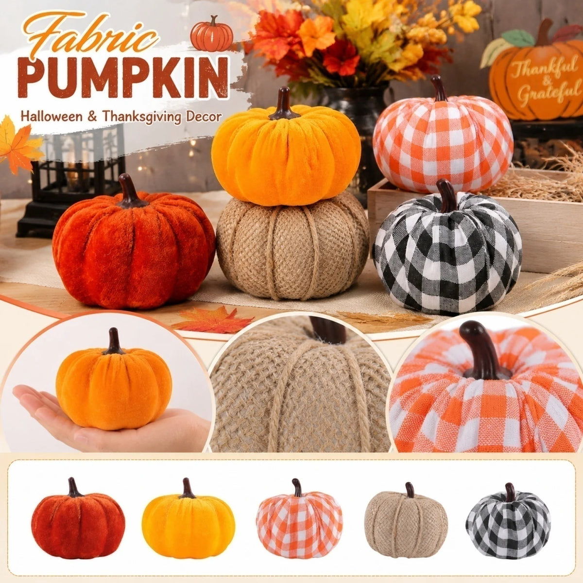 A collage showing multiple fabric pumpkin decorations in autumn colors and patterns, including orange, tan, orange-and-white gingham, black-and-white gingham, and rust orange. The image includes close-up circular insets showing texture details and a bottom row of smaller pumpkin color options.