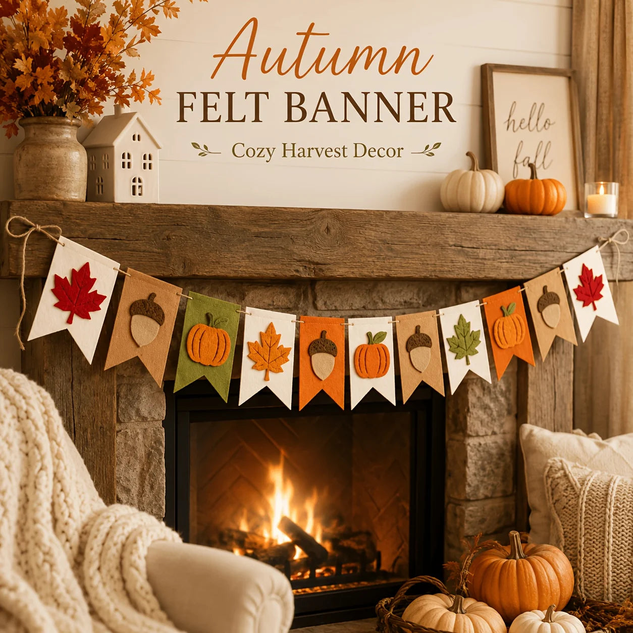 Autumn felt banner garland with hanging fabric flags featuring maple leaves, acorns, pumpkins, and leaves in warm fall colors, displayed across a rustic fireplace in a cozy fall-decor setting.