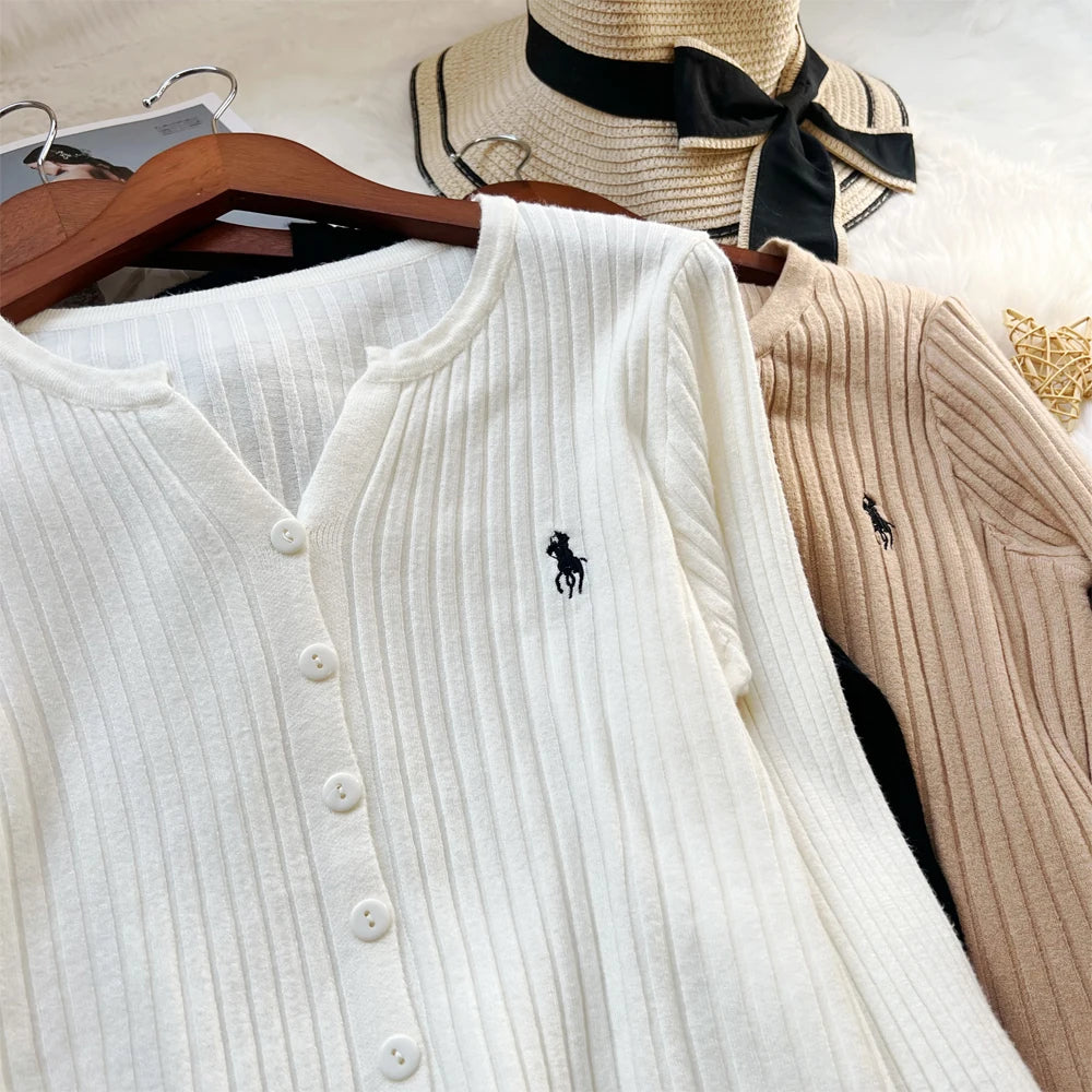 YuooMuoo Korean Fashion Embroidery Cardigans Tops 2026 New Autumn Slim Elastic Ribbed Knitted Tops Chic Streetwear Ladies Shirts