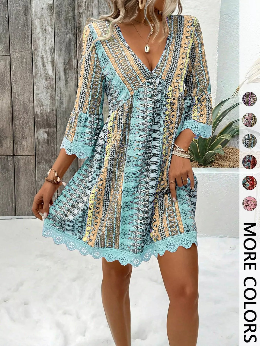 Printed V-Neck A-Line Dress